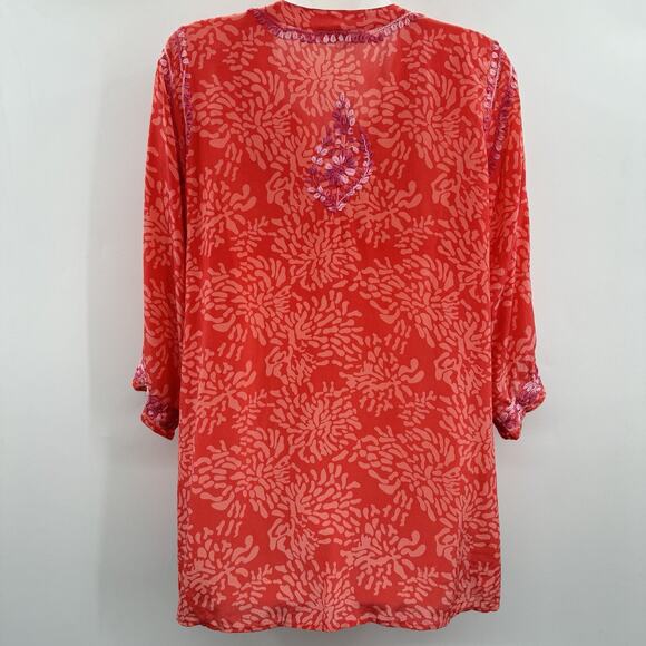 Amaya 100% Silk Embroidered Tunic Top Sz 44 US L Pink Coral Tropical Boho Flowy - Picture 2 of 13